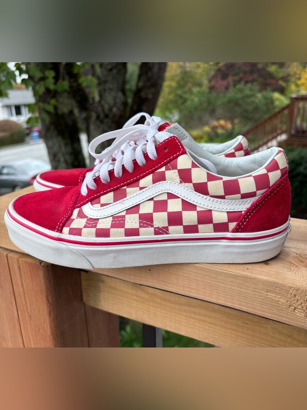 Vans Old Skool Checkerboard Racing Red Checkerboard Sneakers Red & White Womens